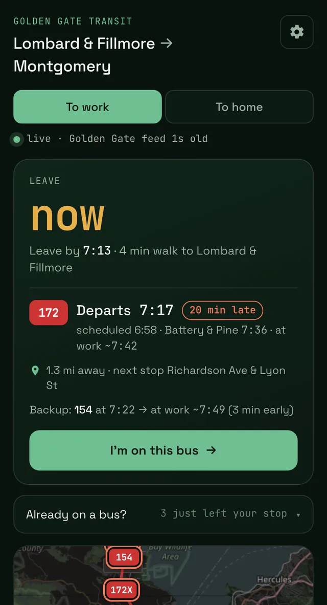 Golden Gate Transit tracker — the next bus and how late it is, then ride mode counting down stops