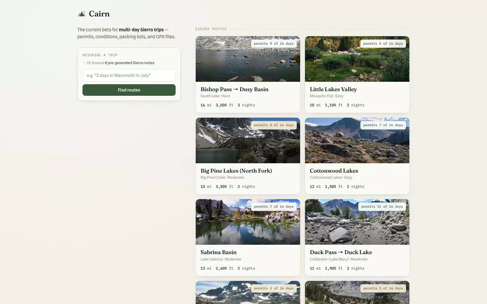 Cairn — typing a trip request and opening a matched route