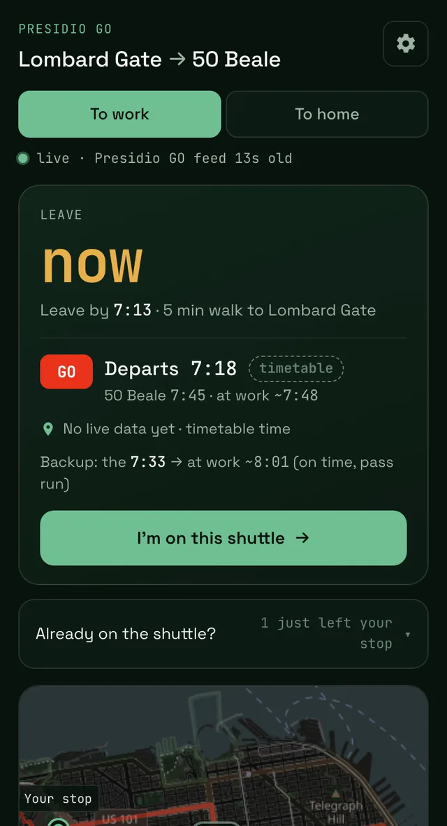 Presidio GO tracker — the next shuttle, then shuttles moving on the live map